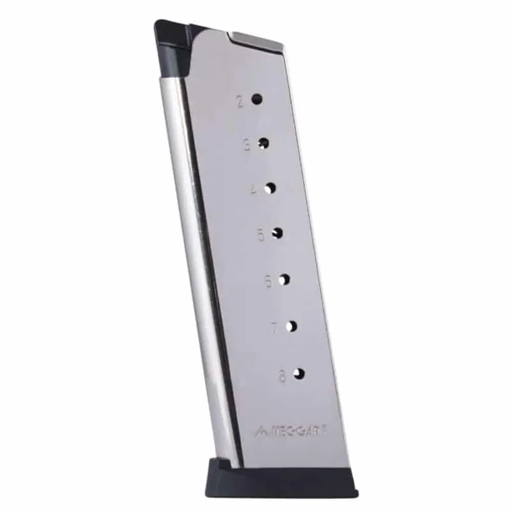 Mec-Gar 1911 Govt Handgun Magazine with Plastic Removable Buttplate Follower .45 ACP HT Stainless Steel 8/rds High Cap