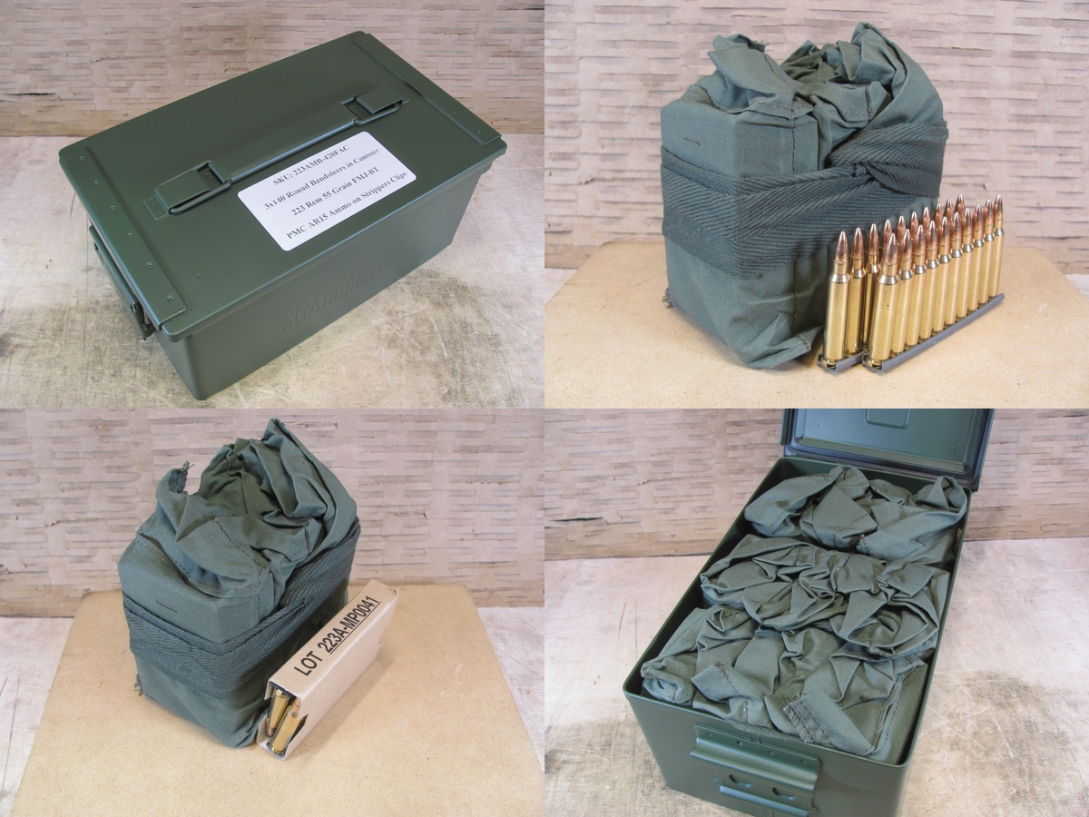 420 Round Flat Can – 223 Rem 55 Grain FMJ-BT Ammo by PMC on AR15 Stripper Clips and Bandoleers – 223AMB – Packed in Metal Canister