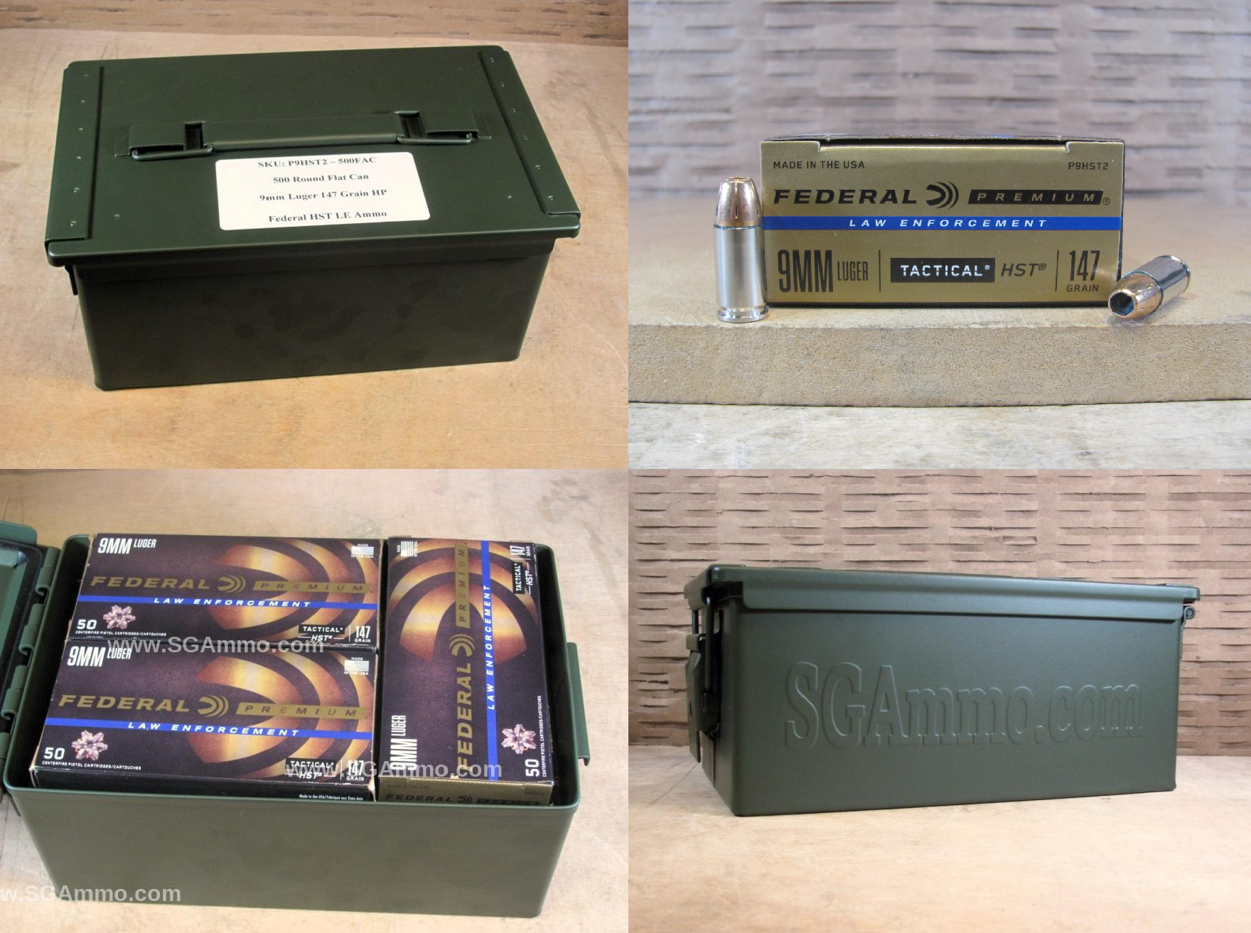 500 Round Flat Can – 9mm Luger Federal HST 147 Grain Hollow Point LE Ammo – P9HST2 – Packed in Metal Canister
