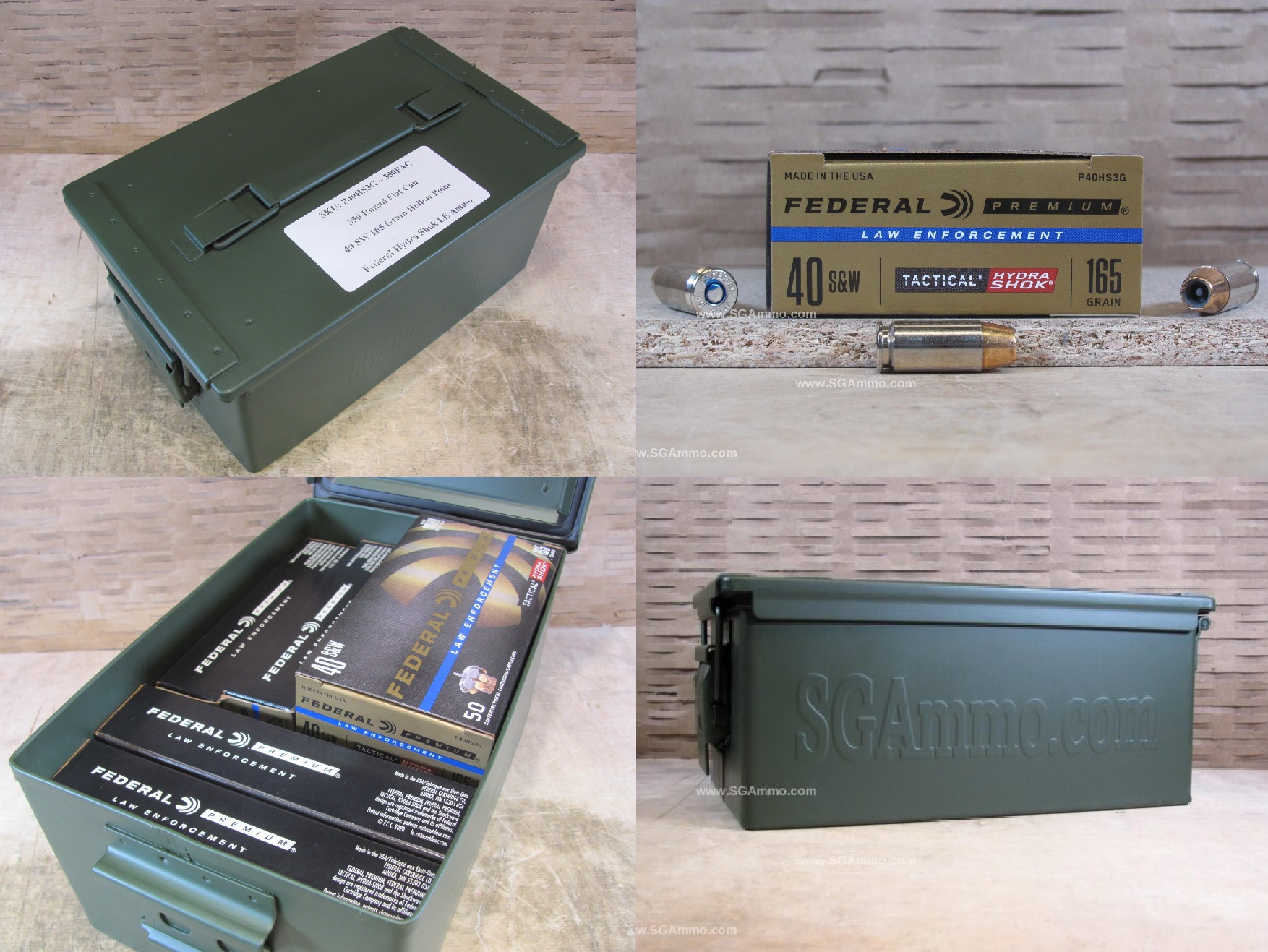 350 Round Flat Can – 40 SW Caliber Federal Hydra Shok LE 165 Grain Ammo – P40HS3G – Packed in Metal Canister