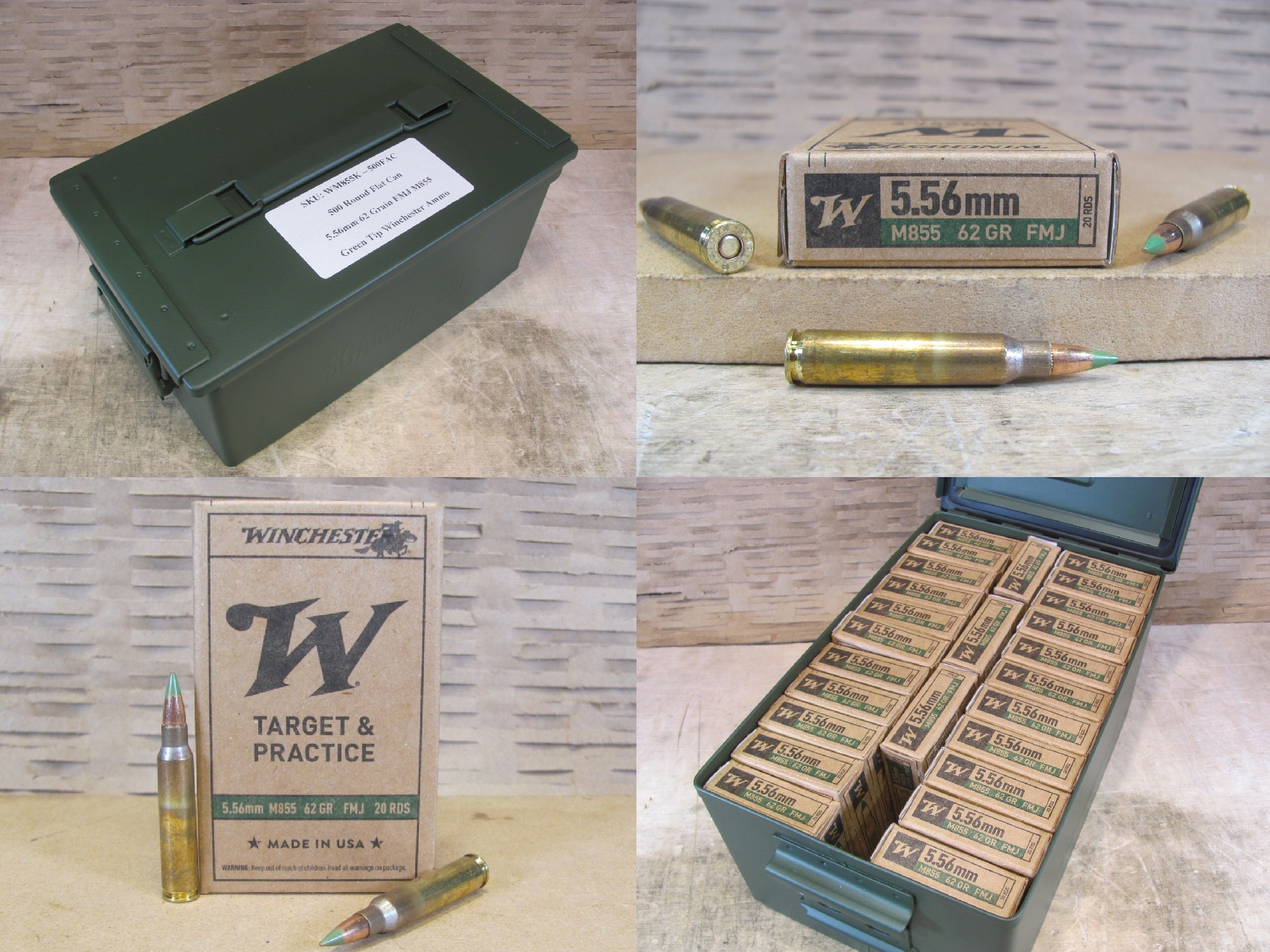 500 Round Flat Can – 5.56mm 62 Grain FMJ M855 Green Tip Winchester Ammo – WM855K – Packed in Metal Canister