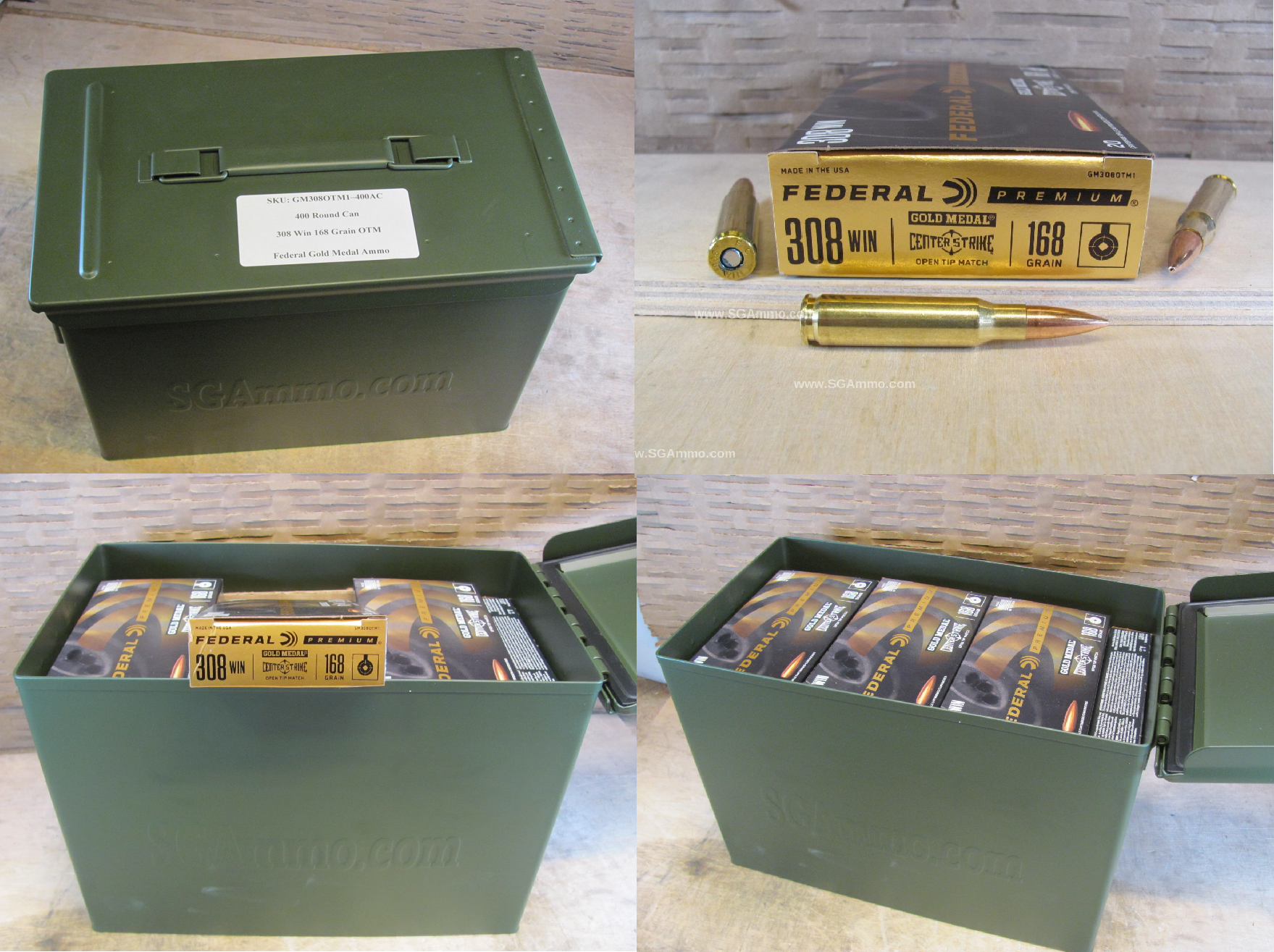 400 Round Can – 308 Win 168 Grain Open Tip Match Federal Premium Gold Medal Ammo – GM308OTM1 – Packed in PA108 SAW Canister