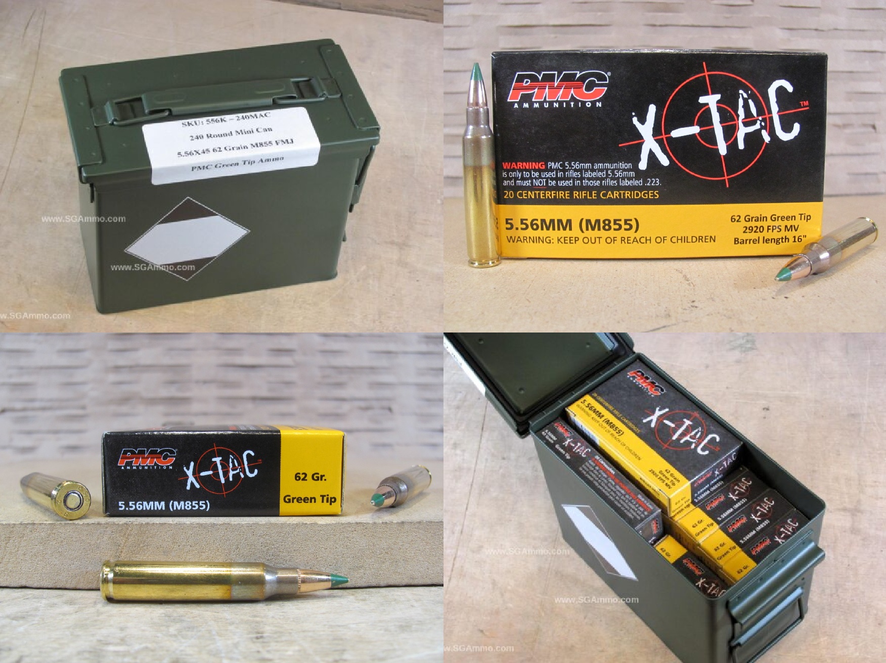 240 Round Can – 5.56 PMC X-TAC M855 62 Grain Green Tip FMJ Ammo – 556K – Packed in Mini Ammo Canister