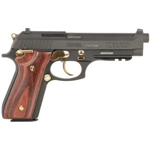 Taurus 1-920151GLD-HW1 92  Full Size Frame 9mm 17+1 5 Matte Black Stainless Steel Barrel, Matte Black Serrated Alloy Steel Slide, Matte Black w/Gold Accents Aluminum Frame w/Picatinny Rail, Wood Grip