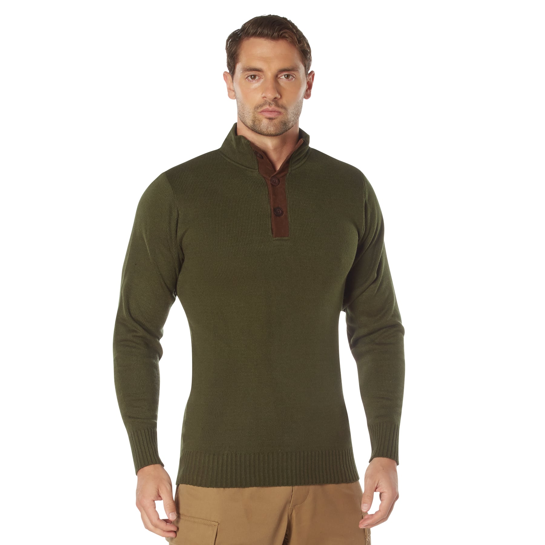 Rothco 3-Button Sweater With Suede Accents - Olive Drab, 2X-Large