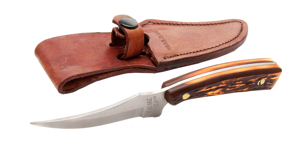 Bear & Son 7 1/4 Stag Delrin Upswept Skinner w/ Leather Sheath