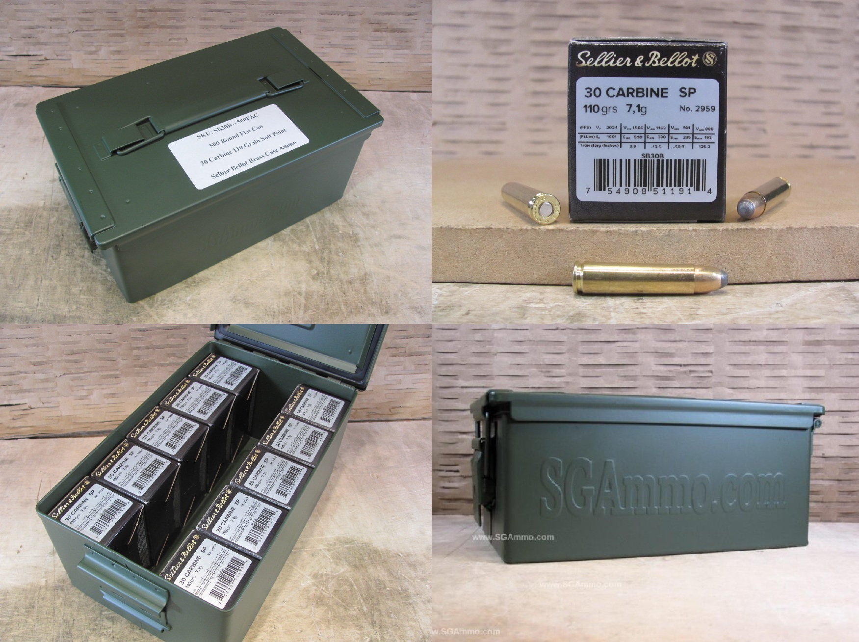 500 Round Flat Can – 30 Carbine 110 Grain Soft Point Sellier Bellot Ammo – SB30B – Packed in Metal Canister