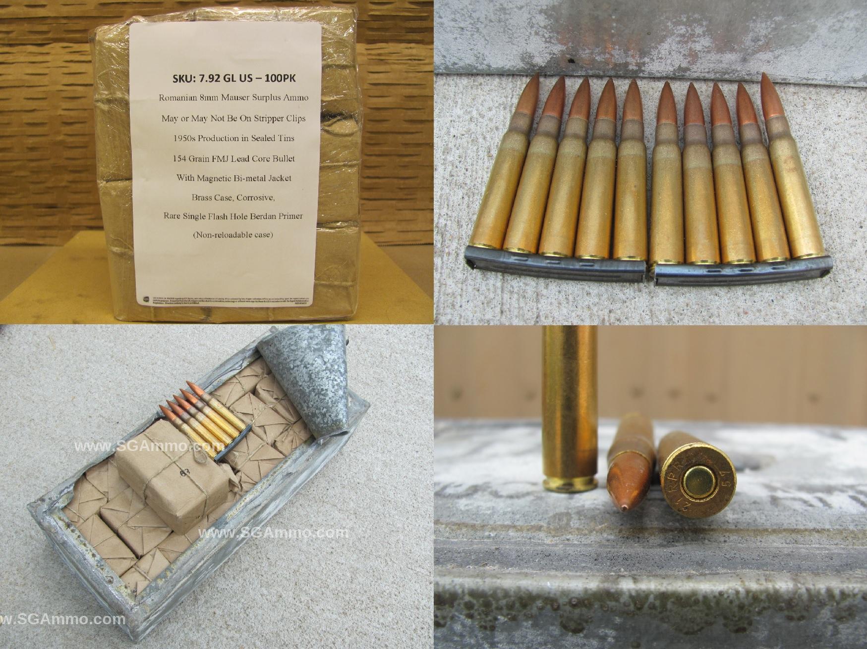 100 Round Pack – 8mm Mauser 154 Grain FMJ 1950s Brass Case Romanian Surplus Ammo