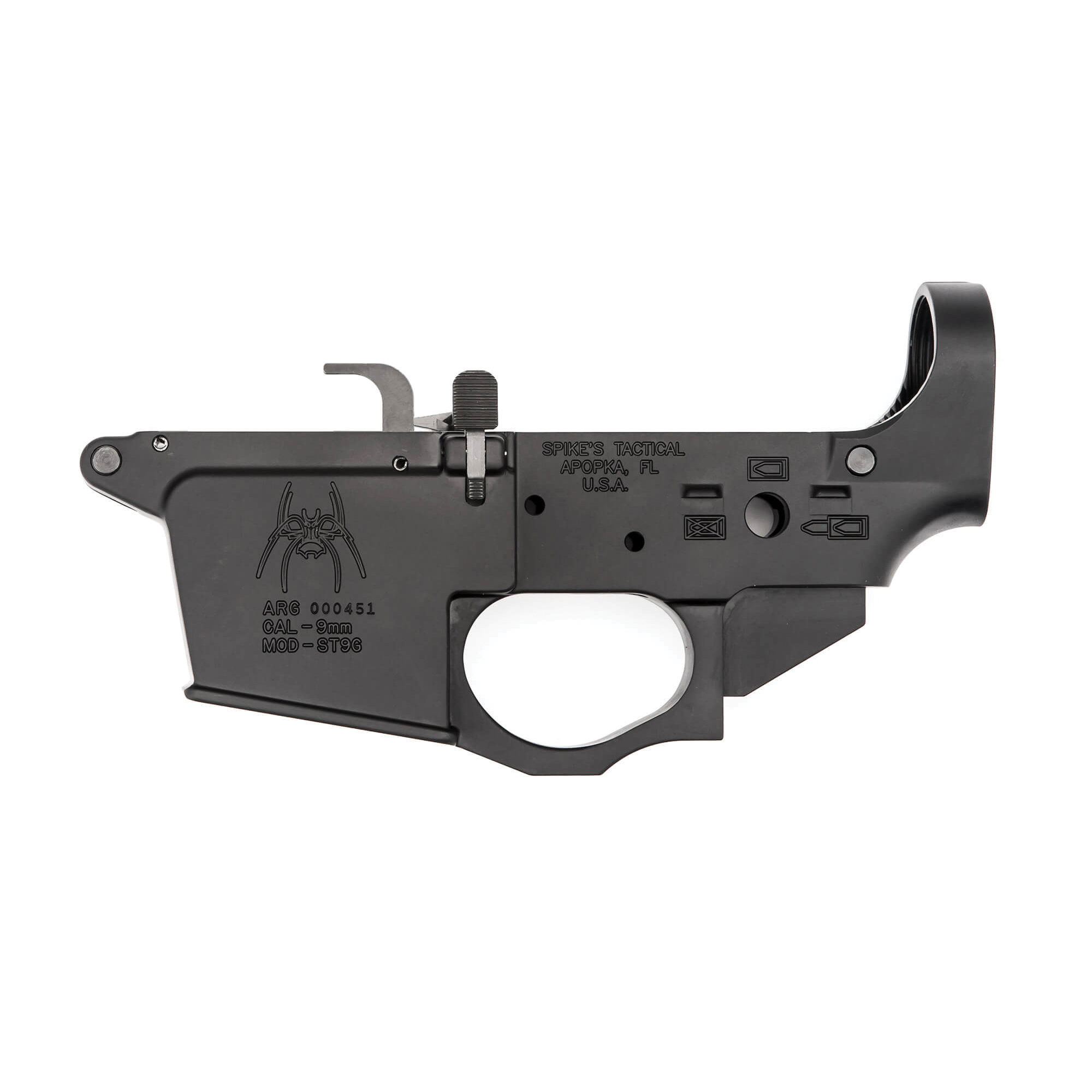 Spikes Tactical 9mm Glock Mag Spider Logo Stripped Lower Receiver, Hardcoat Anodized Black - STLS920