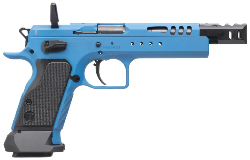 Tanfoglio IFG TFDOM9 Domina 9mm Luger Caliber with 5.20" Barrel, 17+1 or 19+1 Capacity, Overall Blue Finish Steel, Beavertail Frame, Ported Slide Black Polymer Grip
