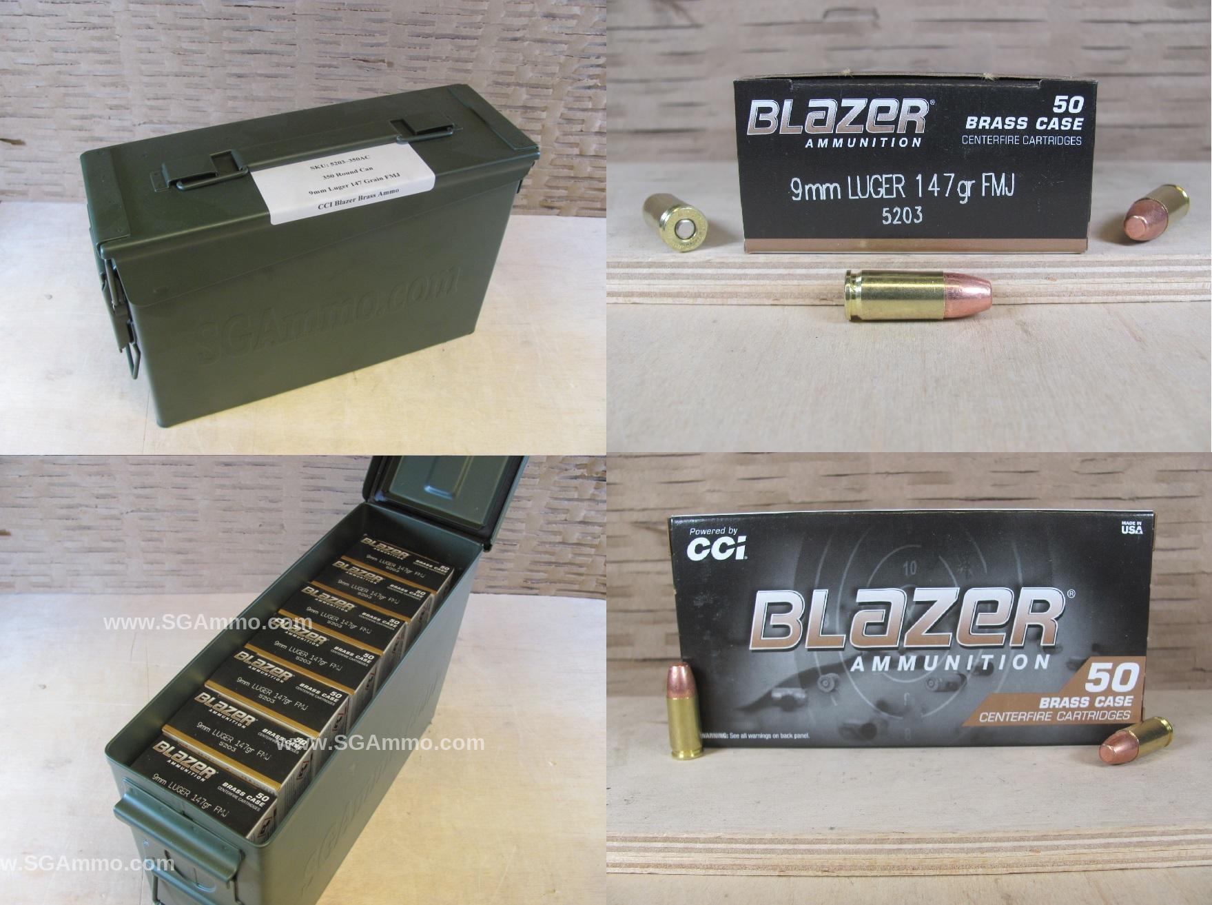 350 Round Can – 9mm Luger 147 Grain FMJ CCI Blazer Brass Ammo – 5203 – Packed in M19A1 Canister