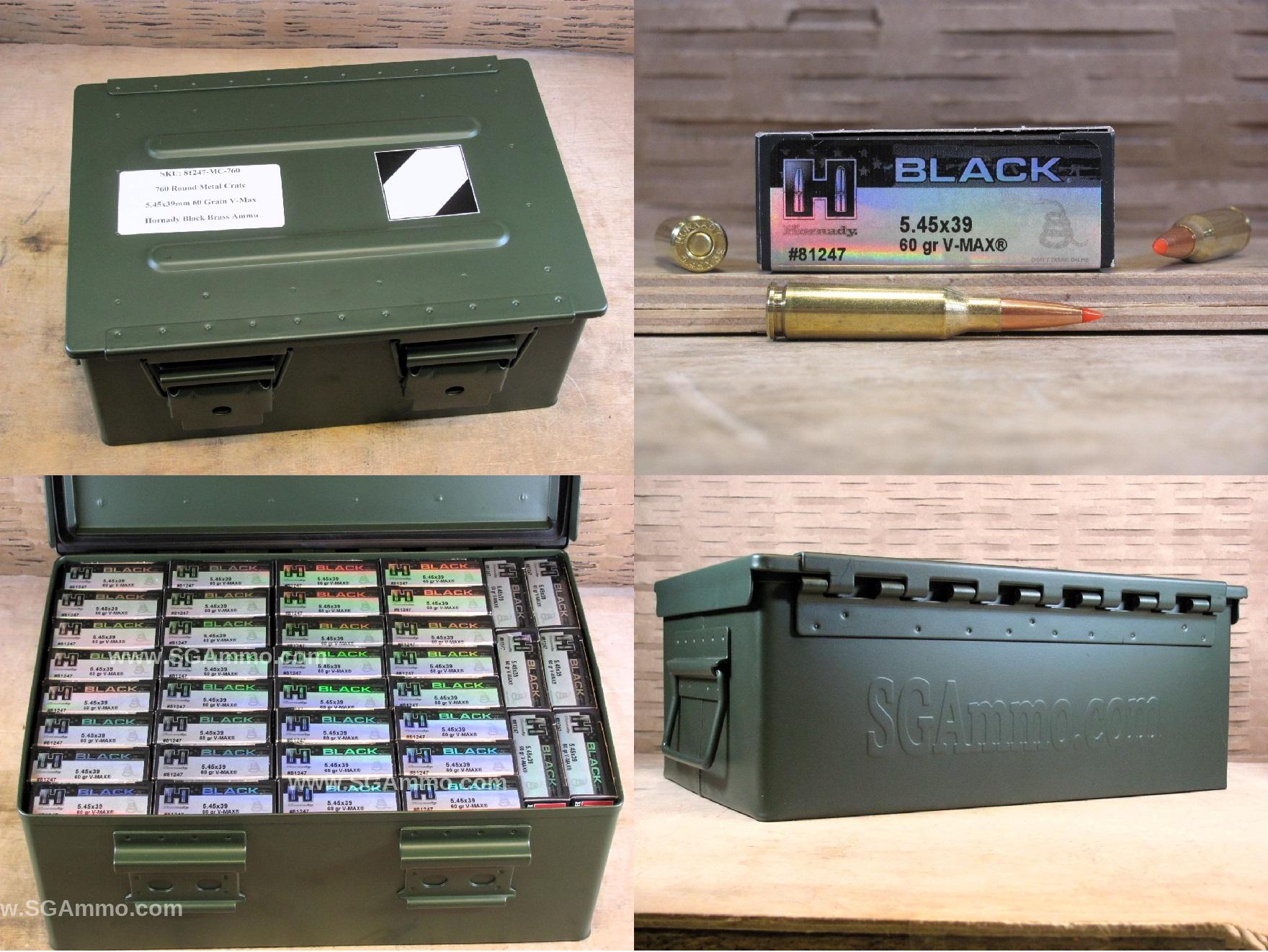 760 Round Crate Canister – 5.45x39mm 60 Grain V-Max Hornady Black Brass Cased Ammo – 81247