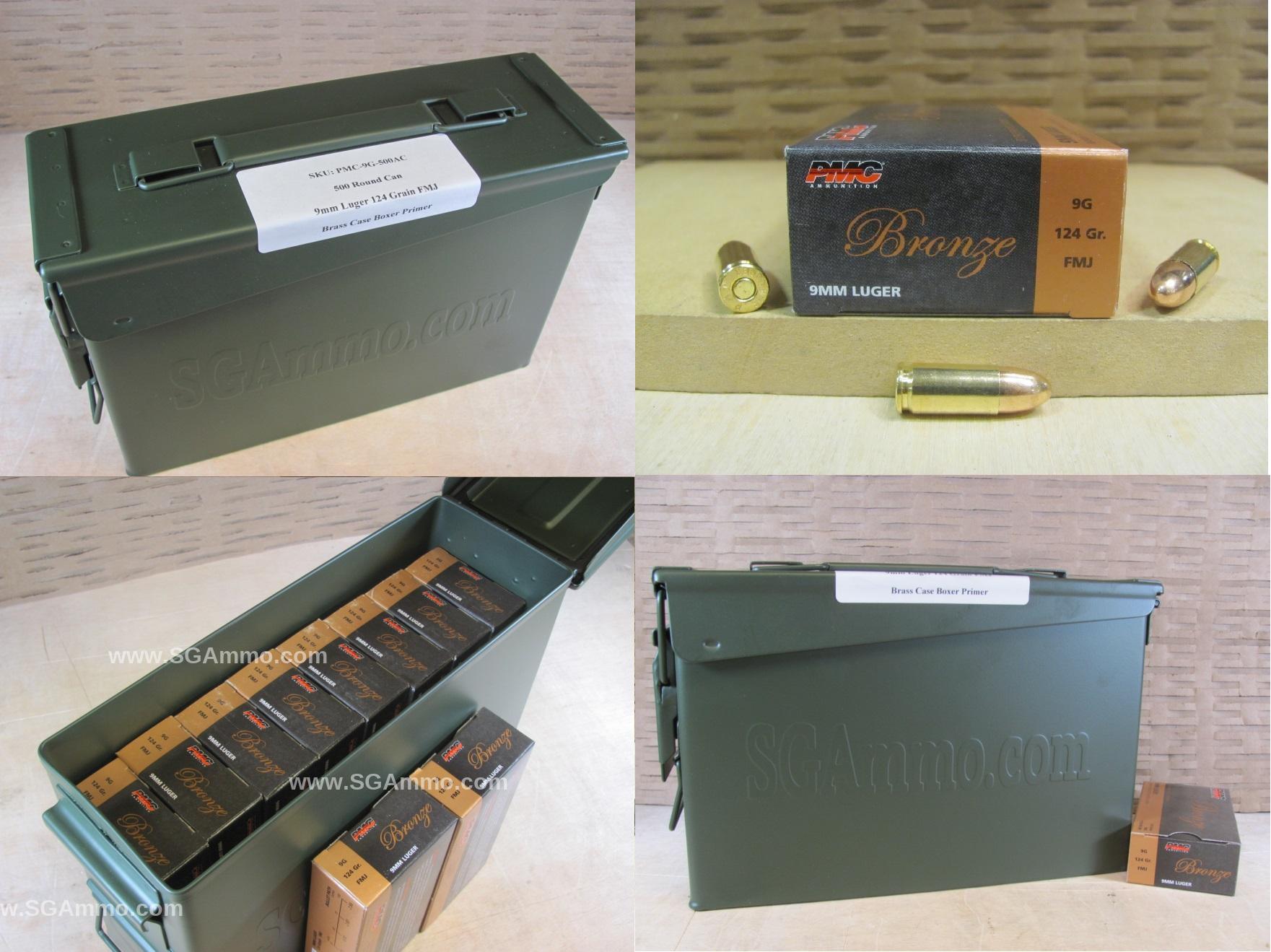 500 Round Can – 9mm Luger 124 Grain FMJ PMC Ammo – 9G – Packed in M19A1 Canister