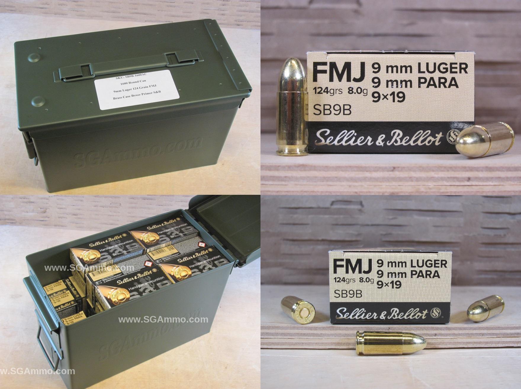 1600 Round Can – 9mm Luger 124 Grain FMJ Sellier Bellot Ammo – SB9B – Packed in Metal Canister