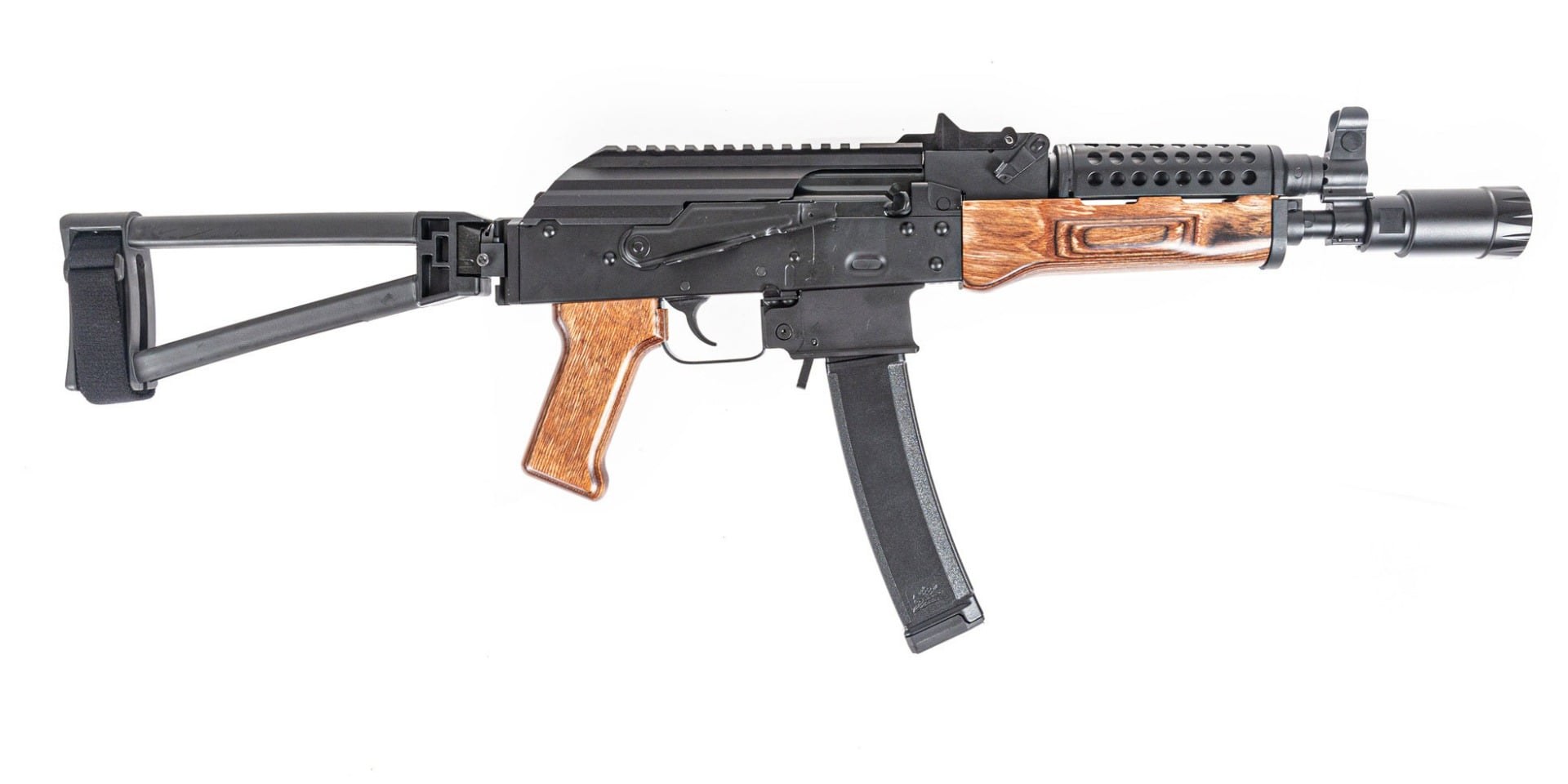 PSA AK-V 9mm Triangle Folding Pistol with Cheese Grater Upper Hand Guard and Linear Comp Flash Can, Nutmeg