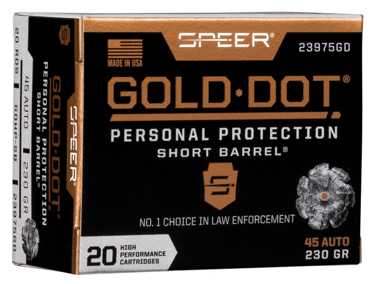 Speer Gold Dot Short Barrel 230 gr Hollow Point .45 Auto Ammo, 20/box - 23975GD