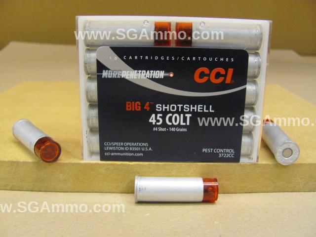 10 Round Box – CCI 45 Colt Big 4 Aluminum Case Shotshell Ammo for Pest Control – 140 Grains of Number 4 Shot – Made by CCI – 3722CC