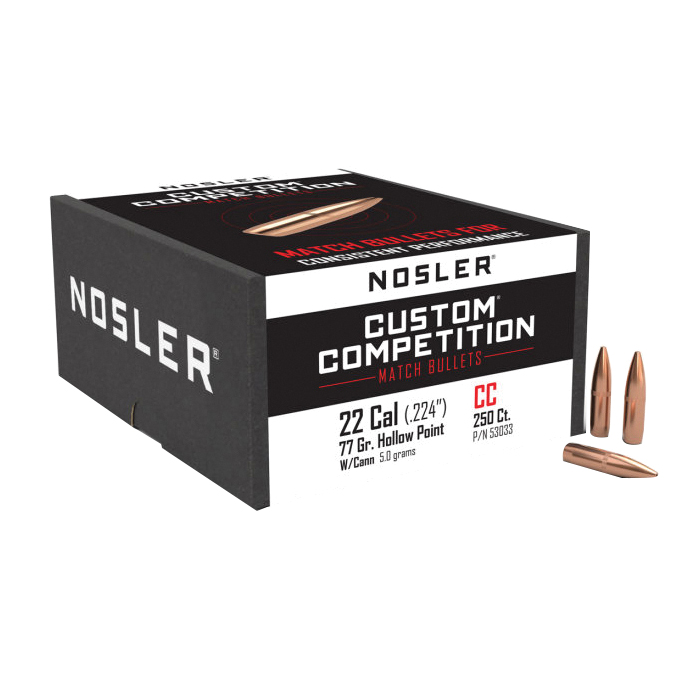 Nosler Custom Competition .22 Cal JHPBT Rifle Bullet, 77 gr 0.224" 250rds