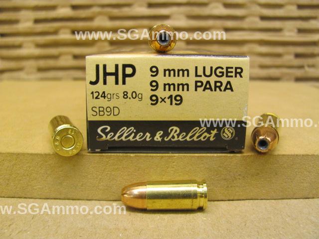 50 Round Box – 9mm Luger 124 Grain JHP Hollow Point Sellier Bellot Ammo – SB9D