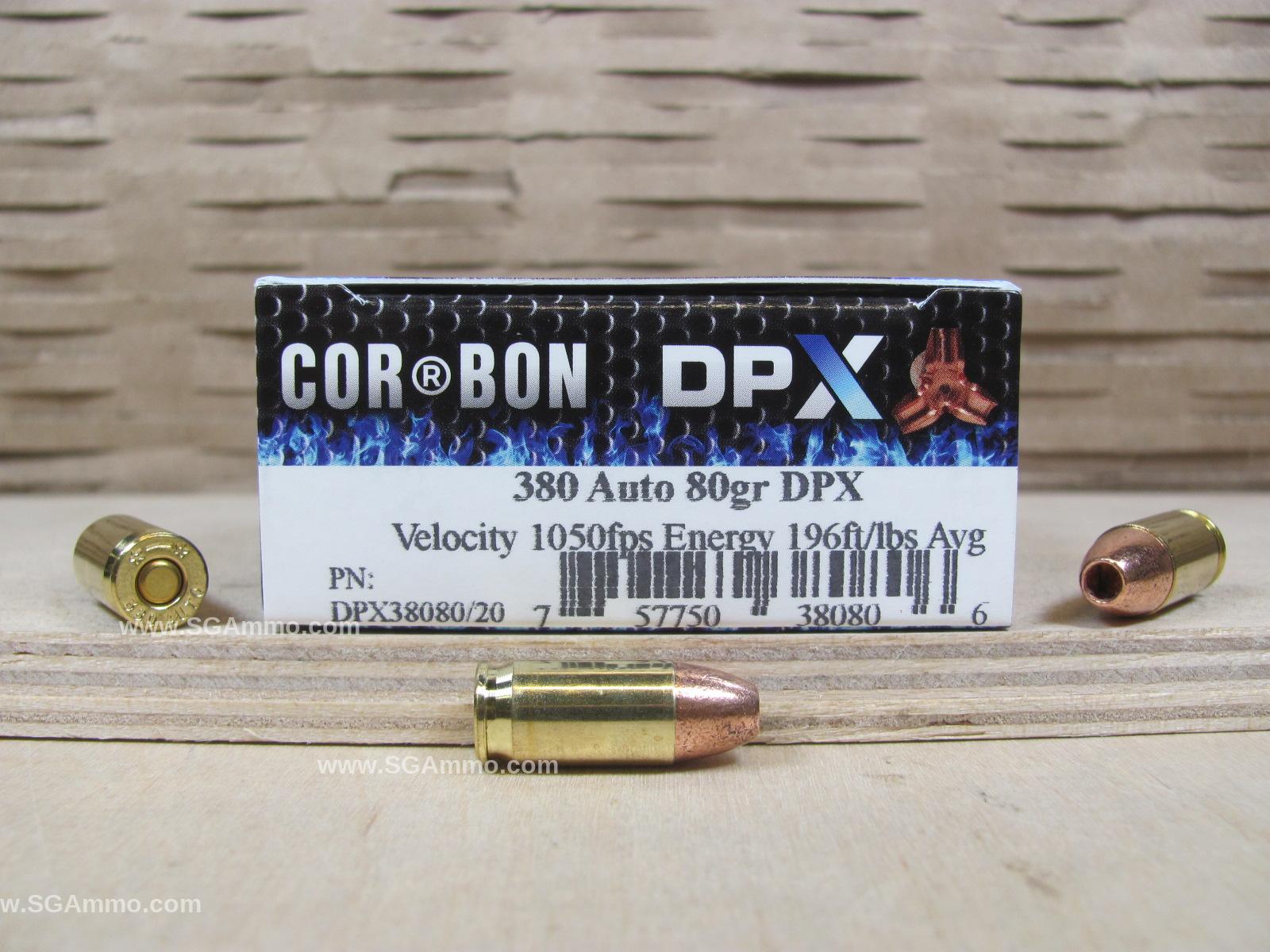 20 Round Box – 380 Auto 80 Grain DPX Hollow Point Corbon Ammo – DPX38080/20
