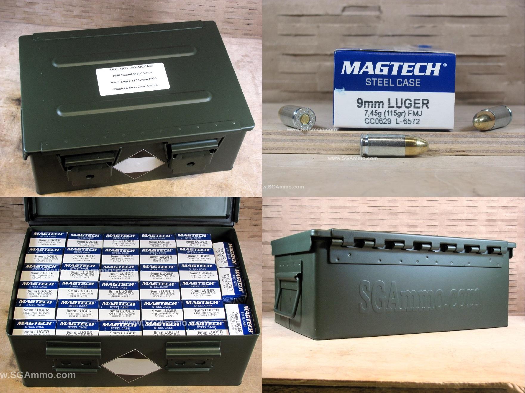 1650 Round Metal Crate Canister – Steel Case 9mm Luger 115 Grain FMJ Magtech Ammo – 9AS