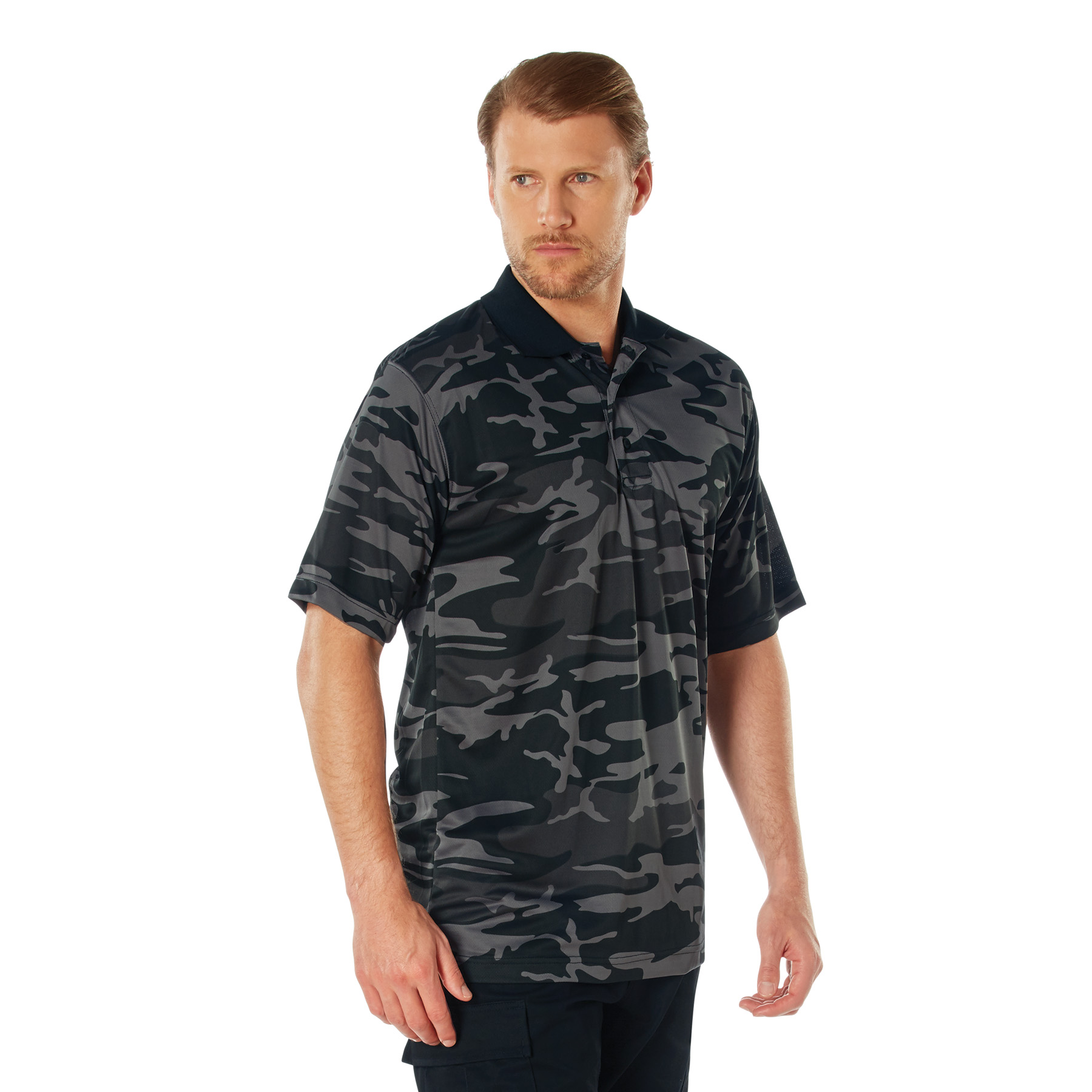 Rothco Moisture Wicking Polo Shirt - Black Camo, Small