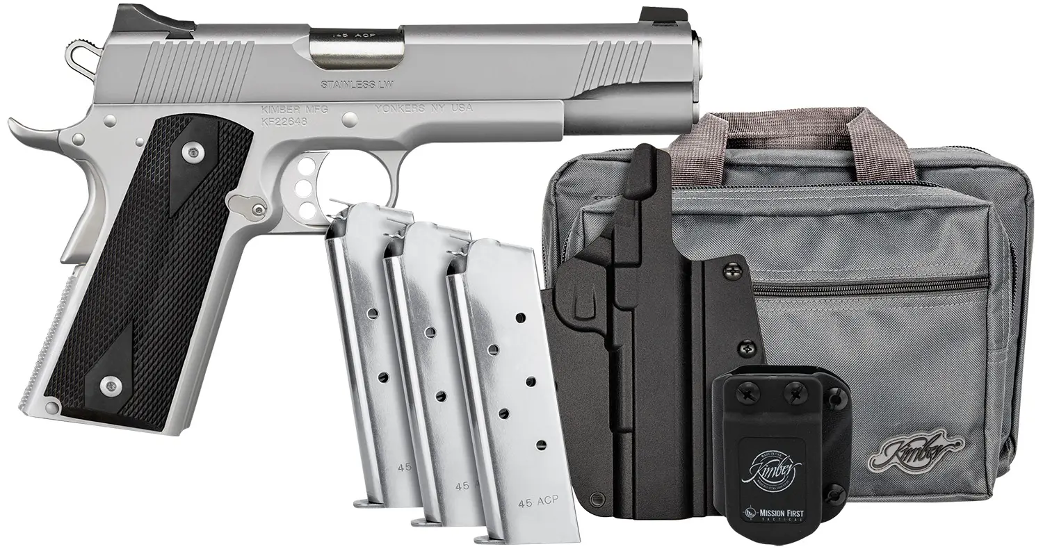 Kimber Mfg, Inc 3700826 Stainless LW Club Bundle Full Size Frame 45 ACP 7+1 5" Stainless Match Grade Barrel, Serrated Stainless Steel Slide, Stainless Aluminum Frame w/Beavertail, Black Textured Grip