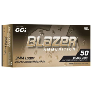 Federal CCI Blazer Brass Handgun Ammunition 9mm Luger 124gr FMJ 1100 fps 50/ct