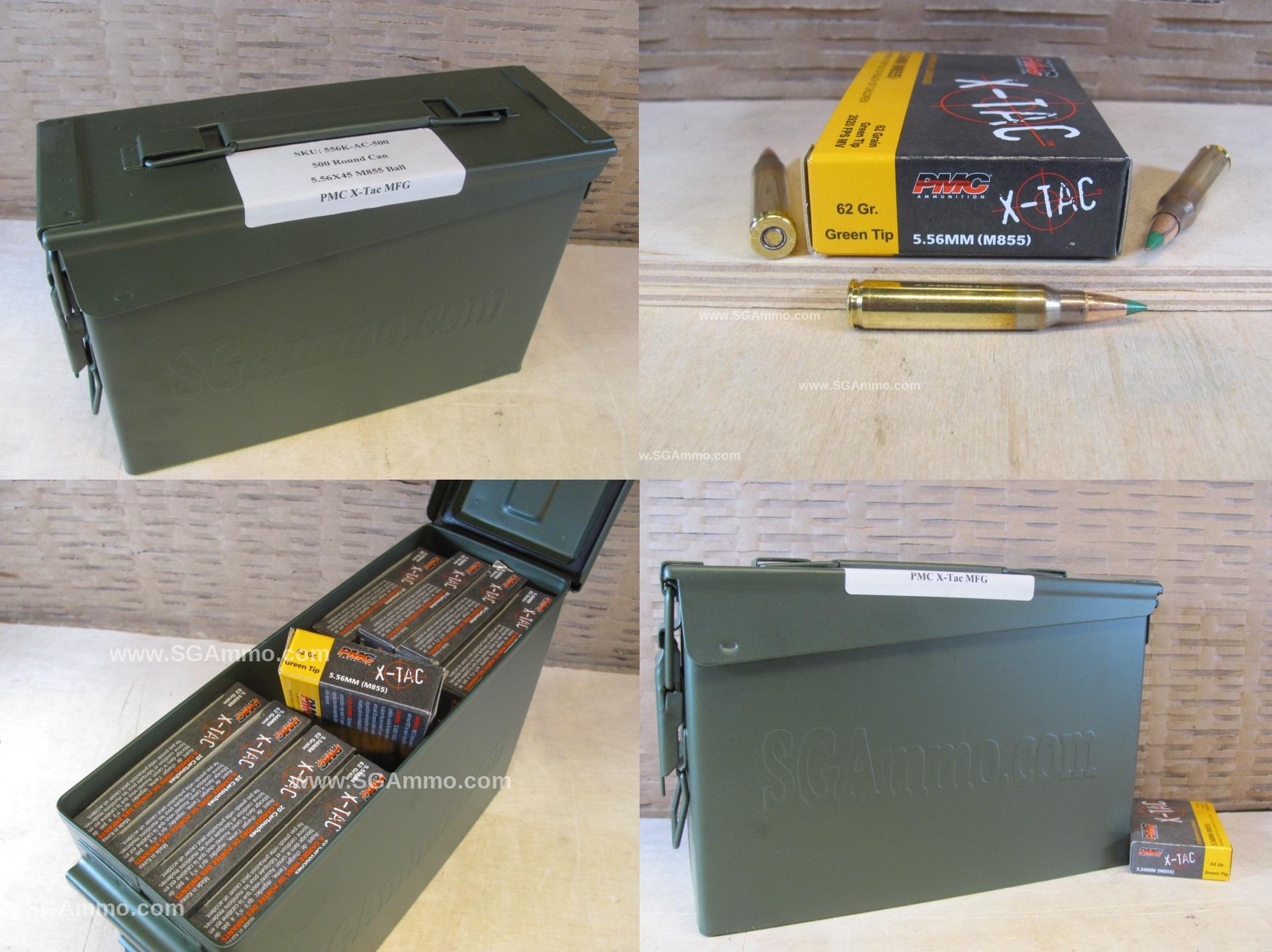 500 Round Can – 5.56 PMC X-TAC M855 62 Grain Green Tip FMJ Ammo – 556K – Packed in M19A1 Canister