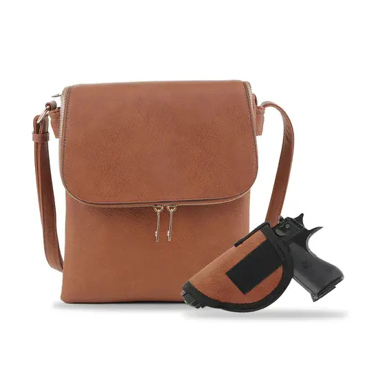 JESSIE JAMES CHEYANNE CONCEALED CARRY LOCK AND KEY CROSSBODY HANDBAG 11 H X 9 W X 1.5 D ( COGNAC )