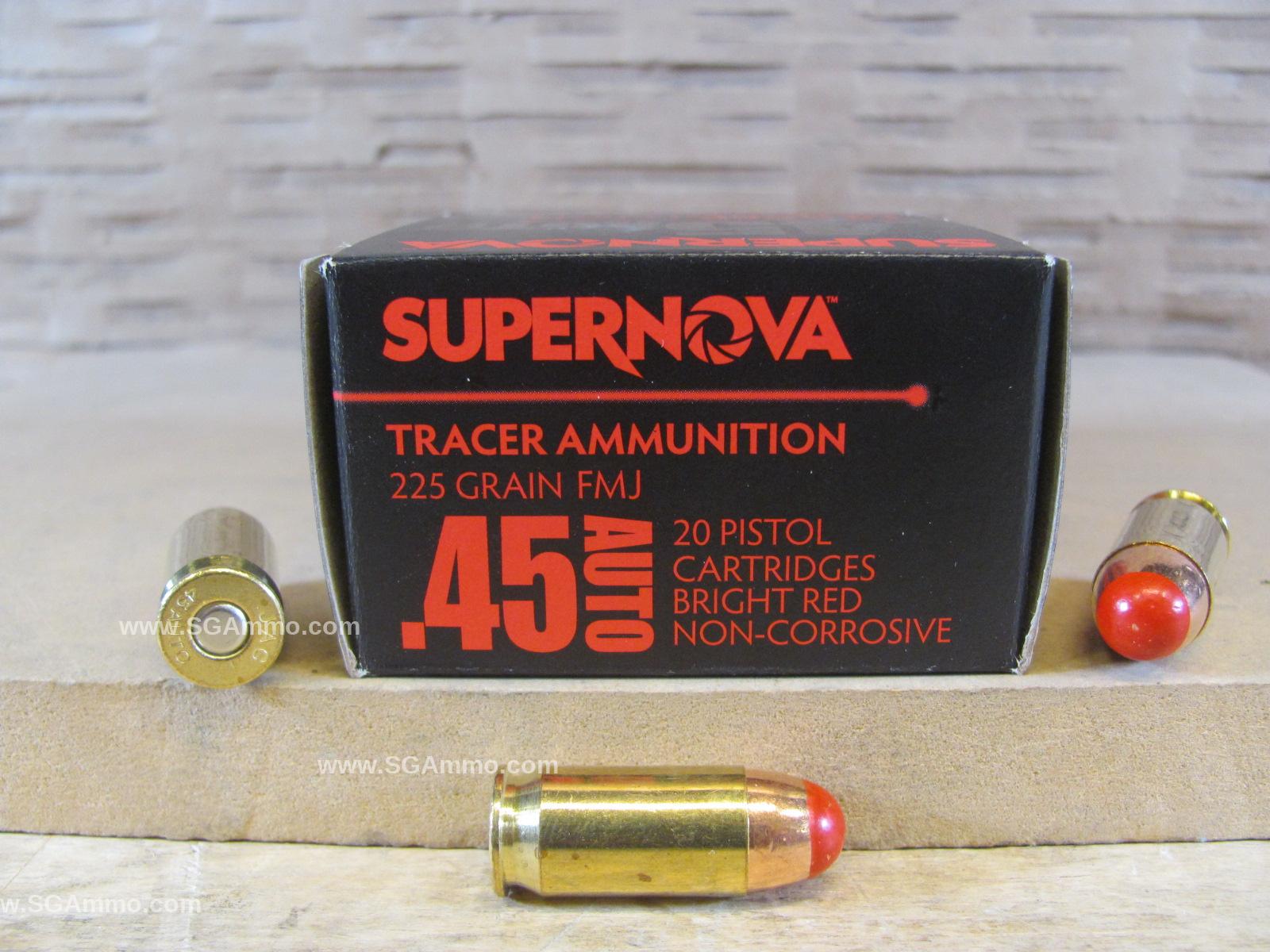 20 Round Box – 45 Auto 225 Grain FMJ Bright RED Tracer Supernova Piney Mountain Ammo