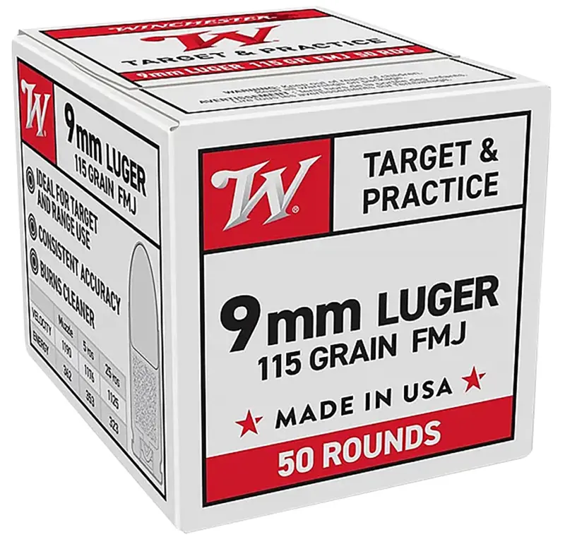 Winchester Ammo W9MM50 9mmLuger 115gr Full Metal Jacket 50 Per Box/20 Case
