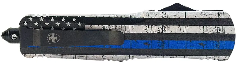 Templar Knife MBTB131 Gen II Back The Blue Slim 3.43" OTF Dagger Plain Black Oxide Stonewashed 440C SS Blade, 5.05" Black White w/Blue Line Aluminum Handle, Glass Breaker