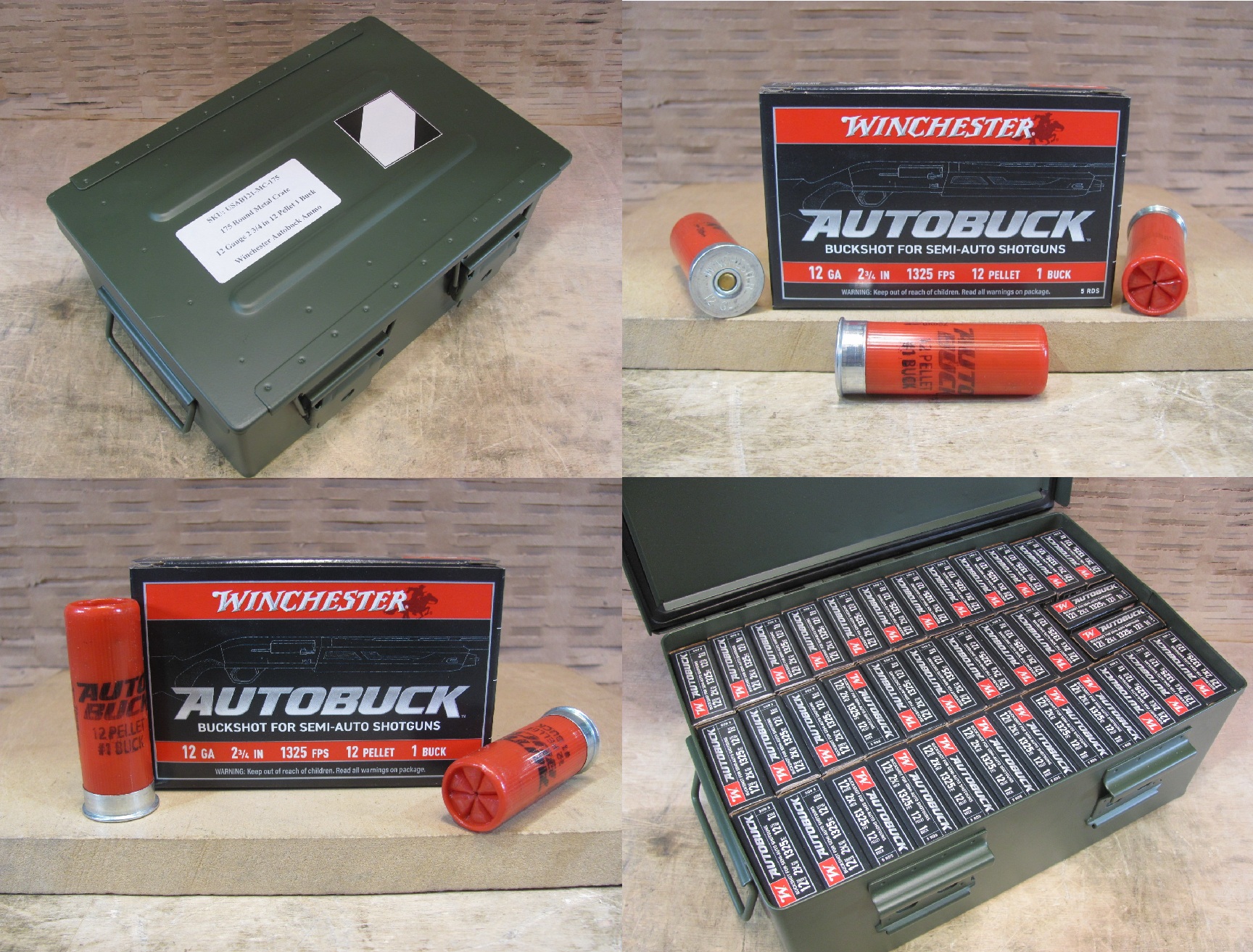 175 Round Metal Crate Canister – 12 Gauge 2-3/4 Inch 12 Pellet 1325 FPS Number 1 Buckshot Winchester Autobuck Ammo – USAB121