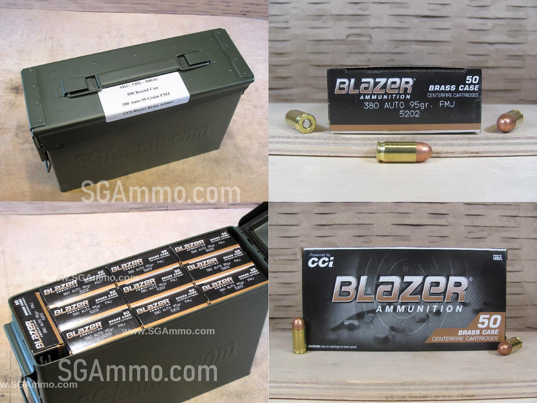500 Round Can – 380 Auto 95 Grain FMJ Brass Blazer Ammo – 5202 – Packed in M19A1 Canister