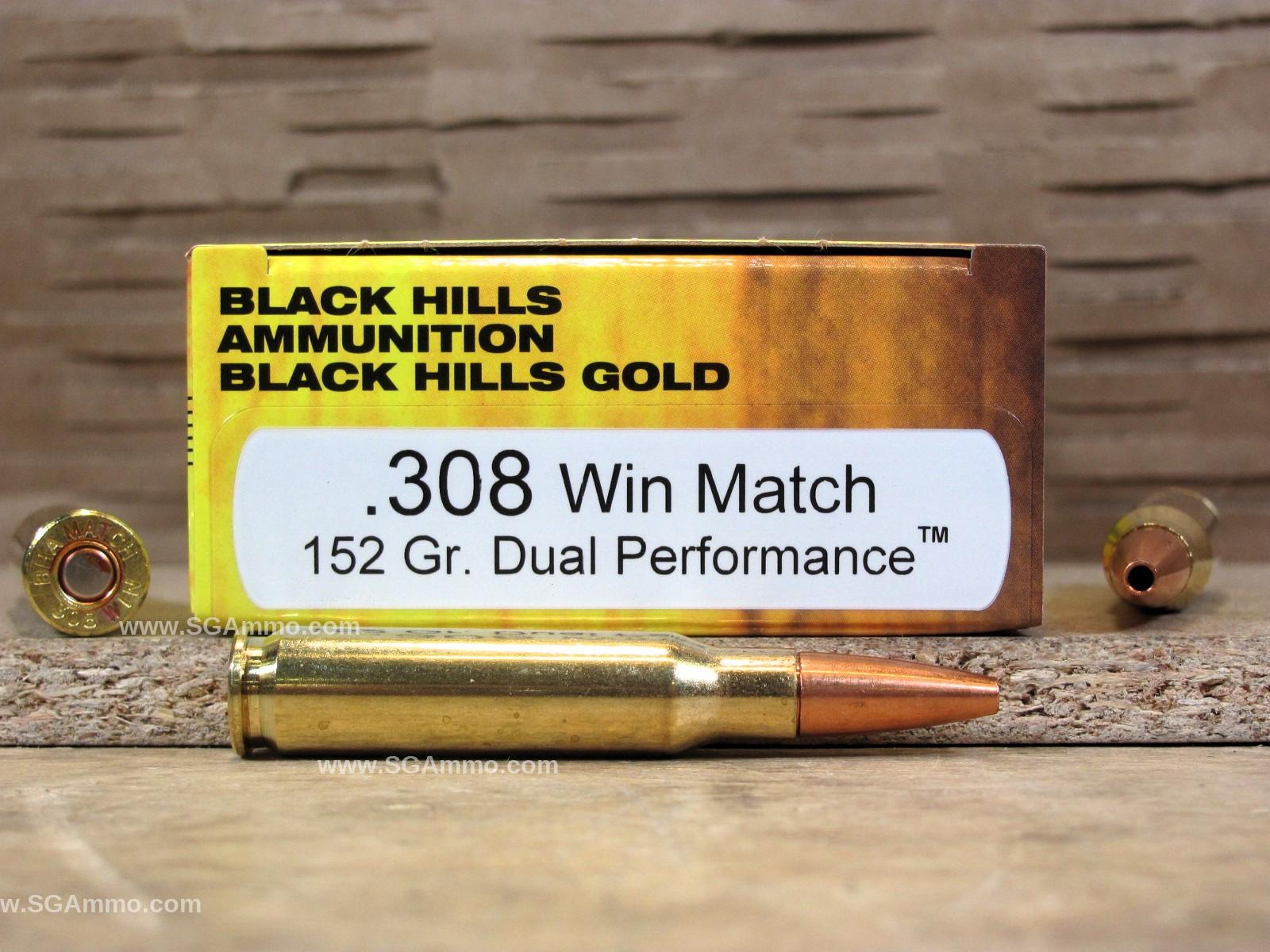 100 Round Case – 308 Win Match 152 Grain Dual Performance Black Hills Gold Ammunition – 1C308BHGN15