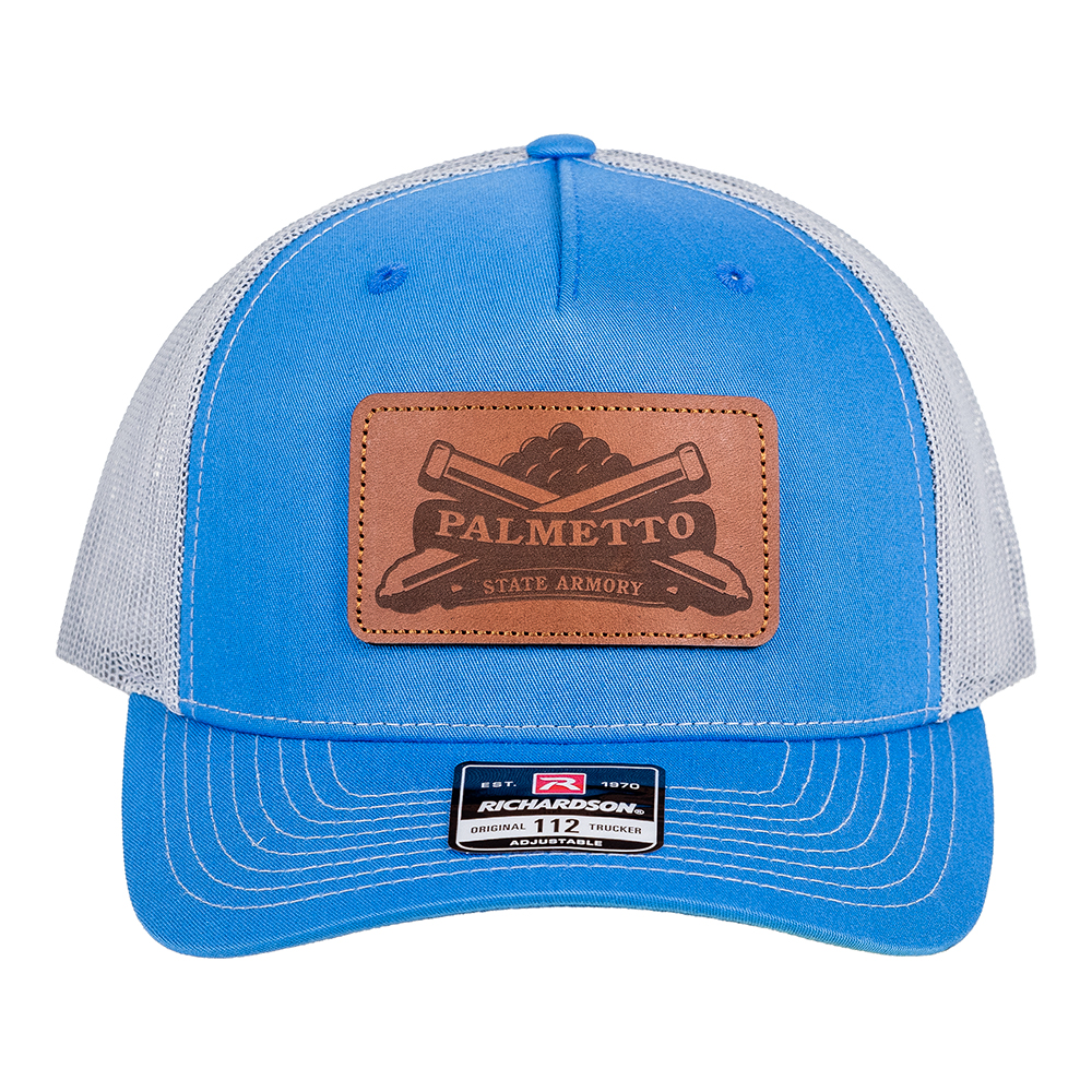 PSA Leather Patch Richardson 5 Panel Trucker Hat, Carolina Blue