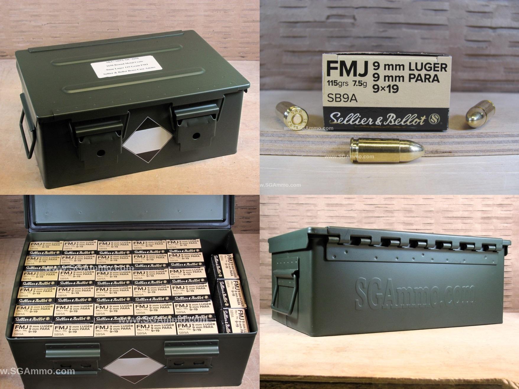 1650 Round Metal Crate Canister – 9mm Luger Sellier Bellot 115 Grain FMJ Brass Case Ammo – SB9A