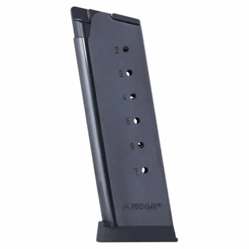 Mec-Gar 1911 Officer Handgun Magazine with Plastic Removable Buttplate Follower .45 ACP HT Blued 7/rds High Cap