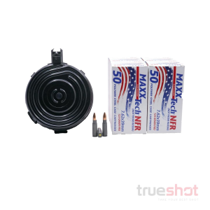 BUNDLE DEAL: Black 75 Round Steel KCI AK-47 Drum Mag and 200 Rounds of Ammo - Retail / Maxxtech 7.62x39 123 Grain Steel