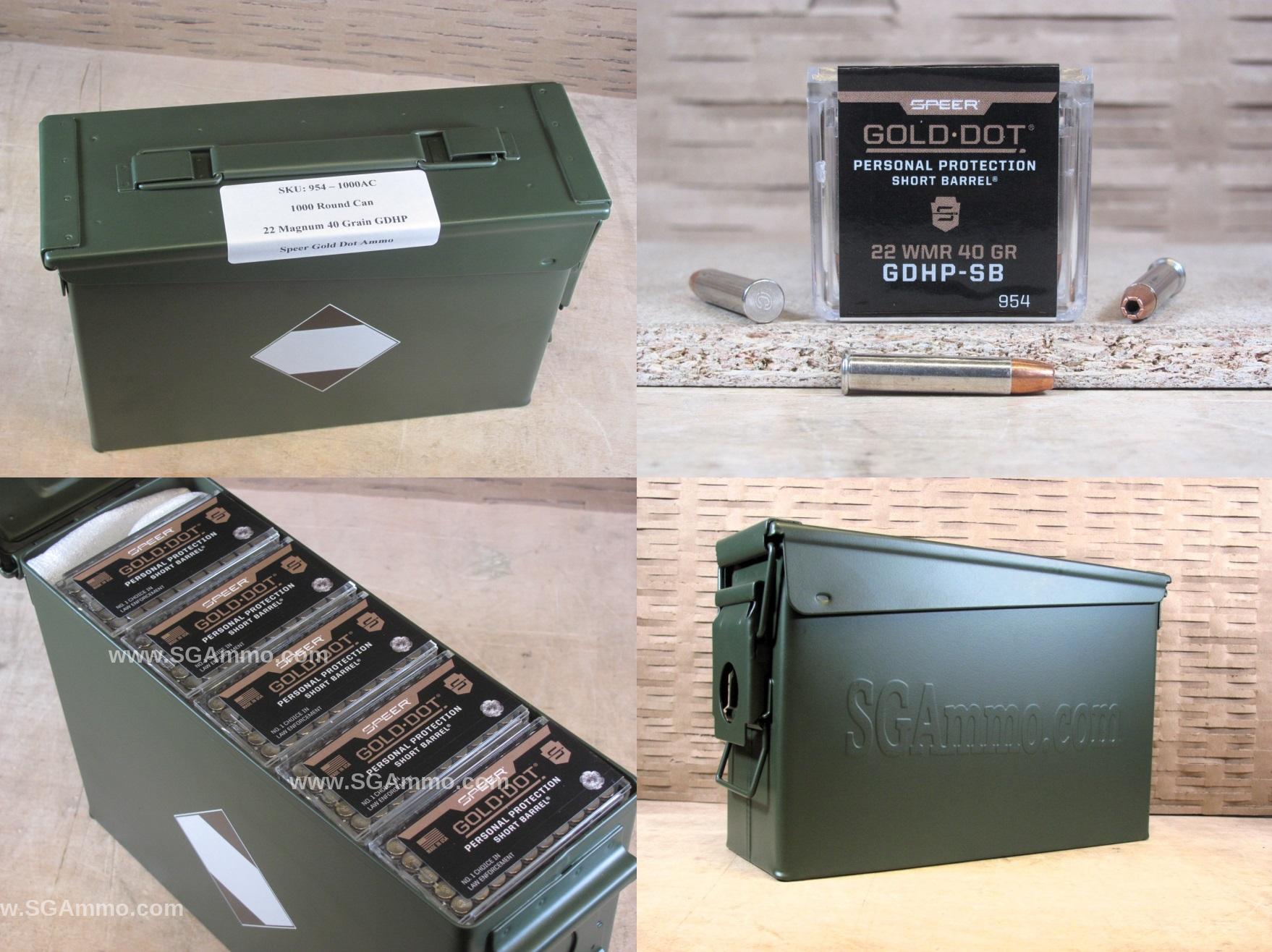 1000 Round Can – 22 Magnum Speer Gold Dot Short Barrel 40 Grain GDHP Gold Dot Hollow Point Ammo – 954 – Packed in M19A1 Canister
