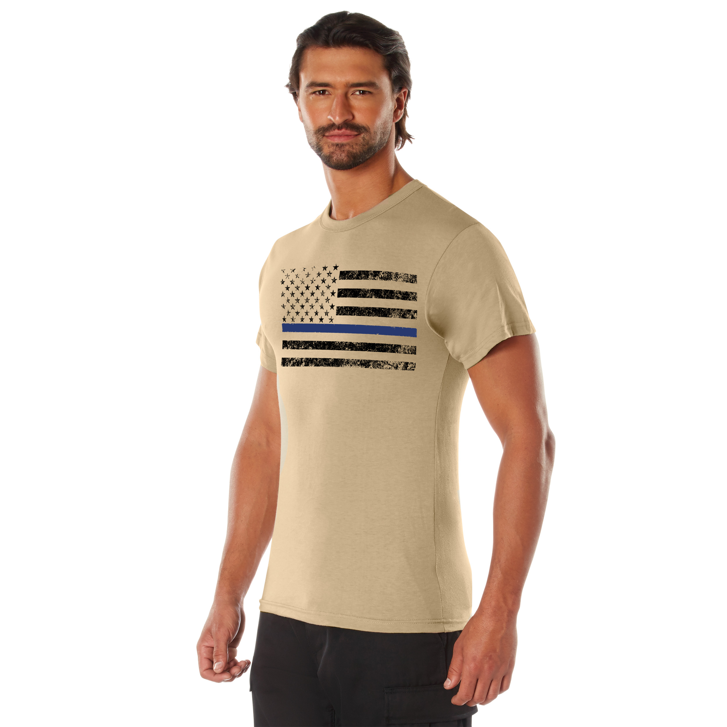 Rothco Thin Blue Line T-Shirt - Desert Sand W- Black Flag, X-Large
