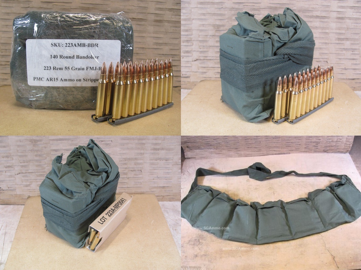 140 Round Bandoleer – 223 Rem 55 Grain FMJ-BT Ammo by PMC on AR15 Stripper Clips Packed in Bandoleer – 223AMB