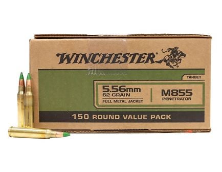 Winchester M855 62 gr Green Tip FMJ 5.56x45mm Ammunition 150 Rounds - WM855150