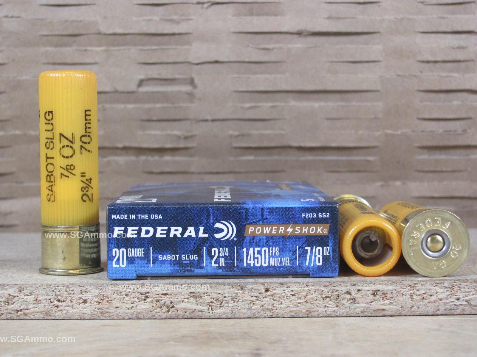 5 Round Box – 20 Gauge 2.75 Inch 7/8 Ounce Federal Sabot Slug Ammo For Rifled Barrels – F203SS2