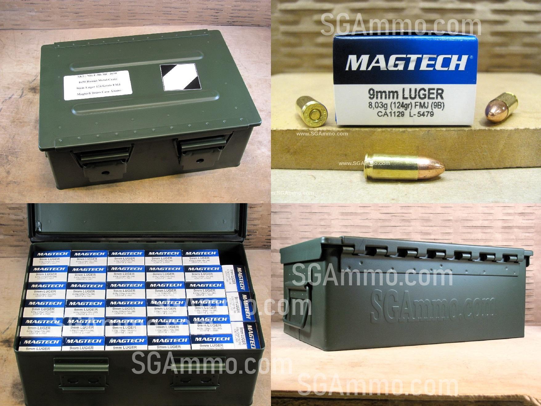 1650 Round Metal Crate Canister – 9mm Luger 124 Grain FMJ Ammo by Magtech – 9B