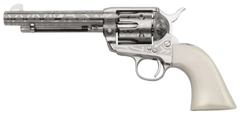 Taylors Company 200060 1873 Cattle Brand Pietta 38 Special/357 Mag 6 Shot 5.50" Nickel Engraved Round Barrel, Nickel Engraved Cylinder Steel Frame, White PVC Navy Grip, Exposed Hammer