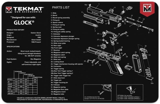 TekMat 17in Printed Gun Cleaning Mat Glock Gun Cleaning Mat Black