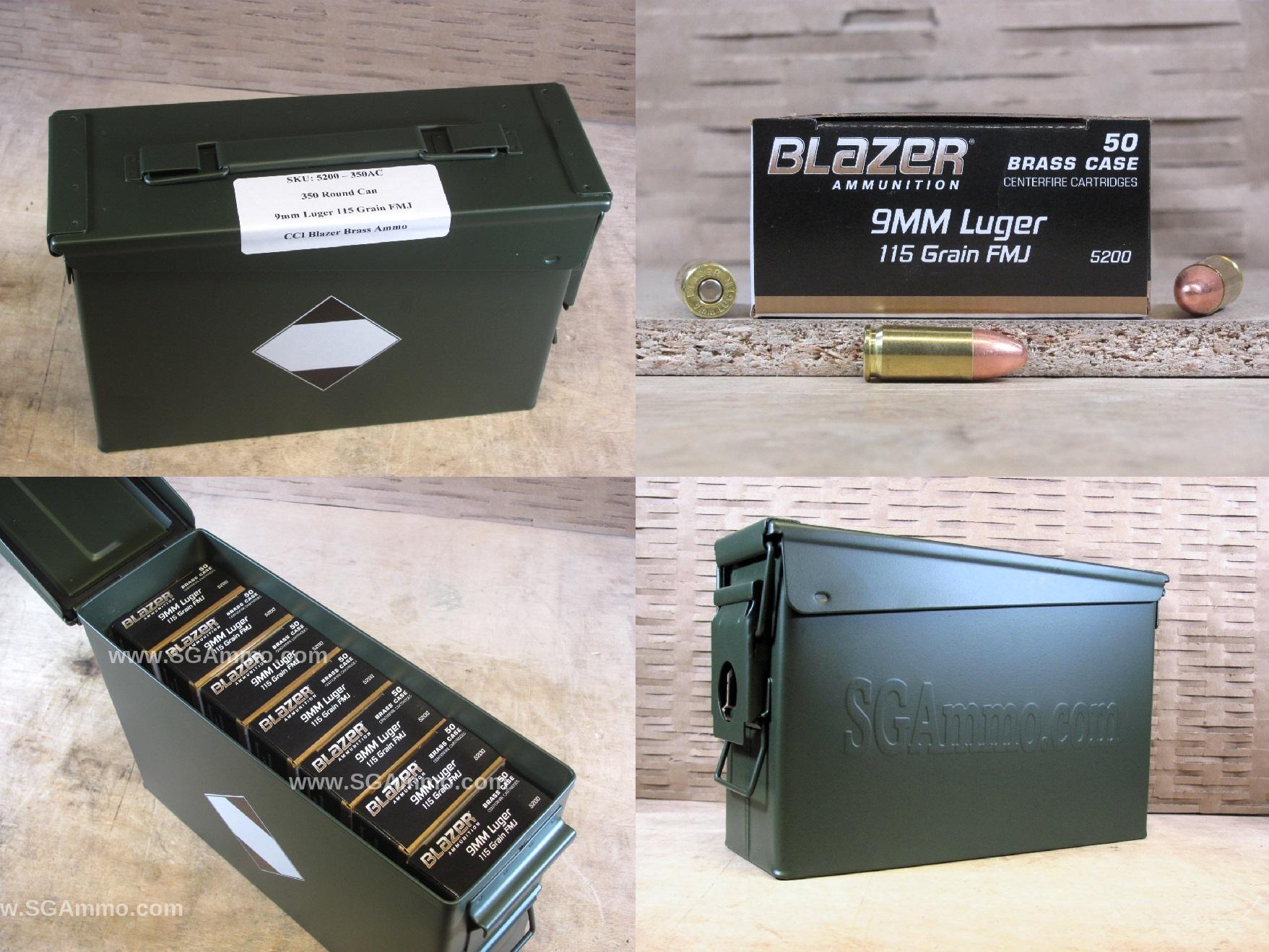 350 Round Can – 9mm Luger CCI Blazer Brass 115 Grain FMJ Ammo – 5200 – Packed in M19A1 Canister