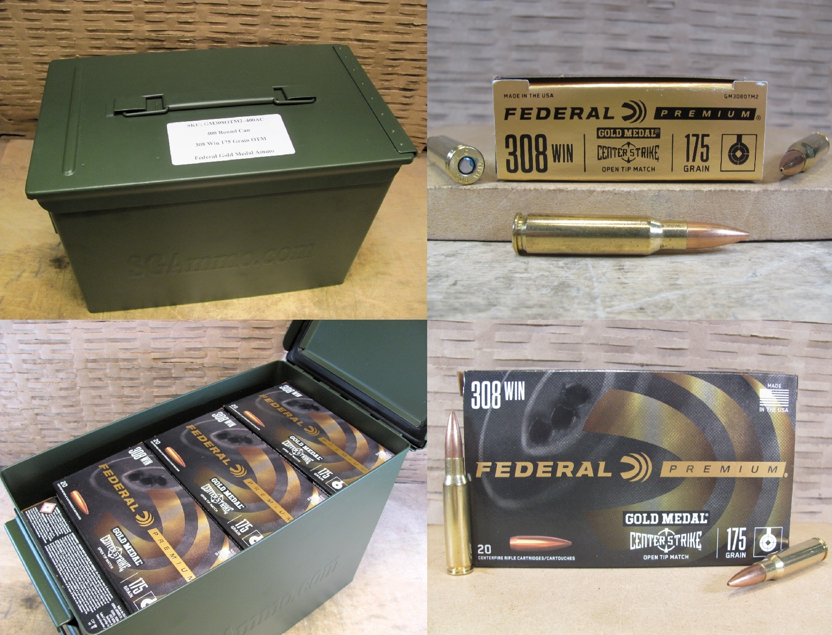 400 Round Can – 308 Win 175 Grain Open Tip Match Federal Premium Gold Medal Ammo – GM308OTM2 – Packed in PA108 SAW Canister